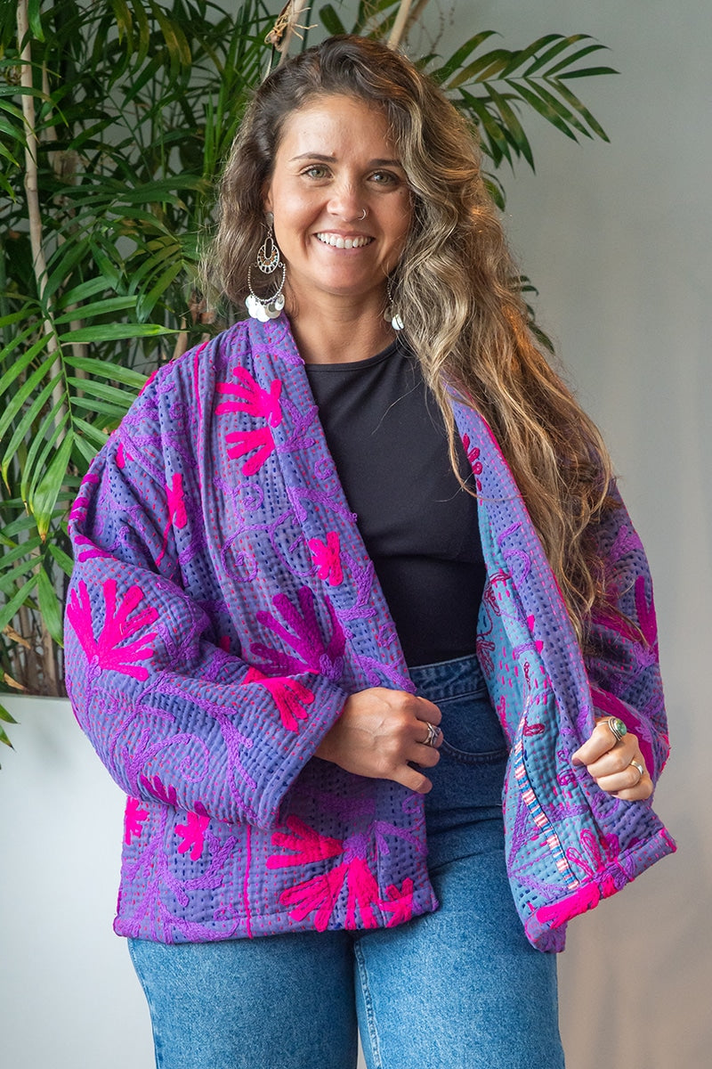 Womens Elysian Kantha Jacket, with traditional Suzani embroidery, handmade from recycled Vintage Kantha’s. Purple Violet