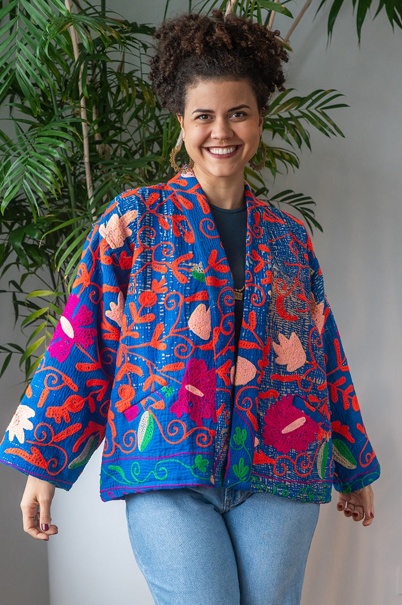 Womens Elysian Kantha Jacket, with traditional Suzani embroidery, handmade from recycled Vintage Kantha’s. Royal blue Liora