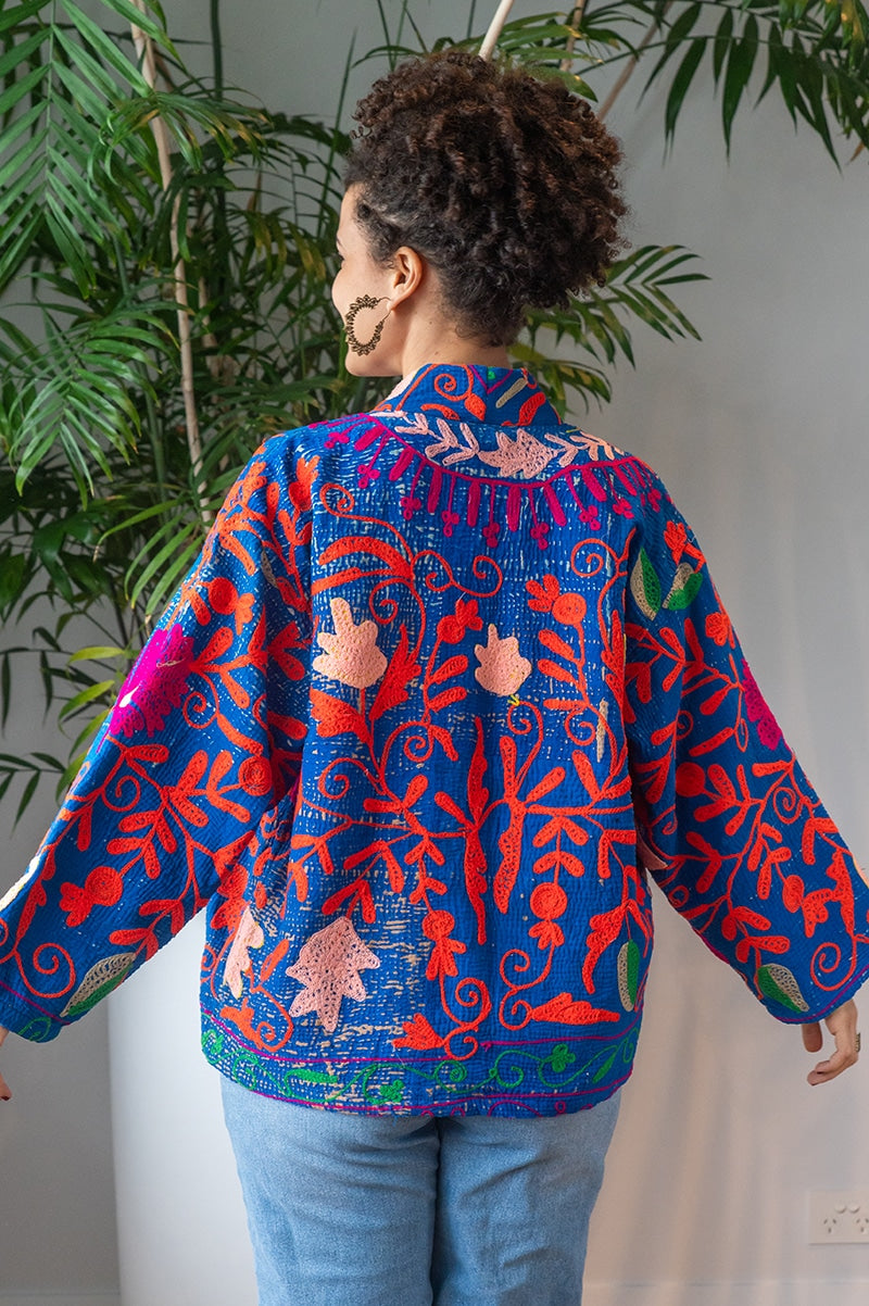 Womens Elysian Kantha Jacket, with traditional Suzani embroidery, handmade from recycled Vintage Kantha’s. Royal blue Liora