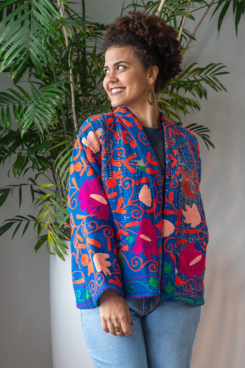 Womens Elysian Kantha Jacket, with traditional Suzani embroidery, handmade from recycled Vintage Kantha’s. Royal blue Liora