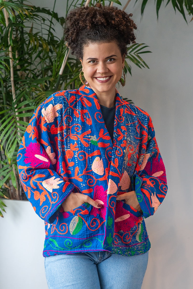 Womens Elysian Kantha Jacket, with traditional Suzani embroidery, handmade from recycled Vintage Kantha’s. Royal blue Liora