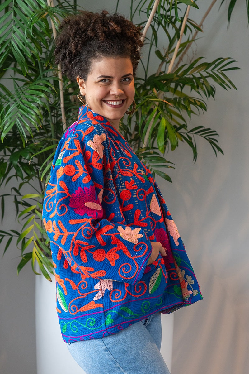Womens Elysian Kantha Jacket, with traditional Suzani embroidery, handmade from recycled Vintage Kantha’s. Royal blue Liora
