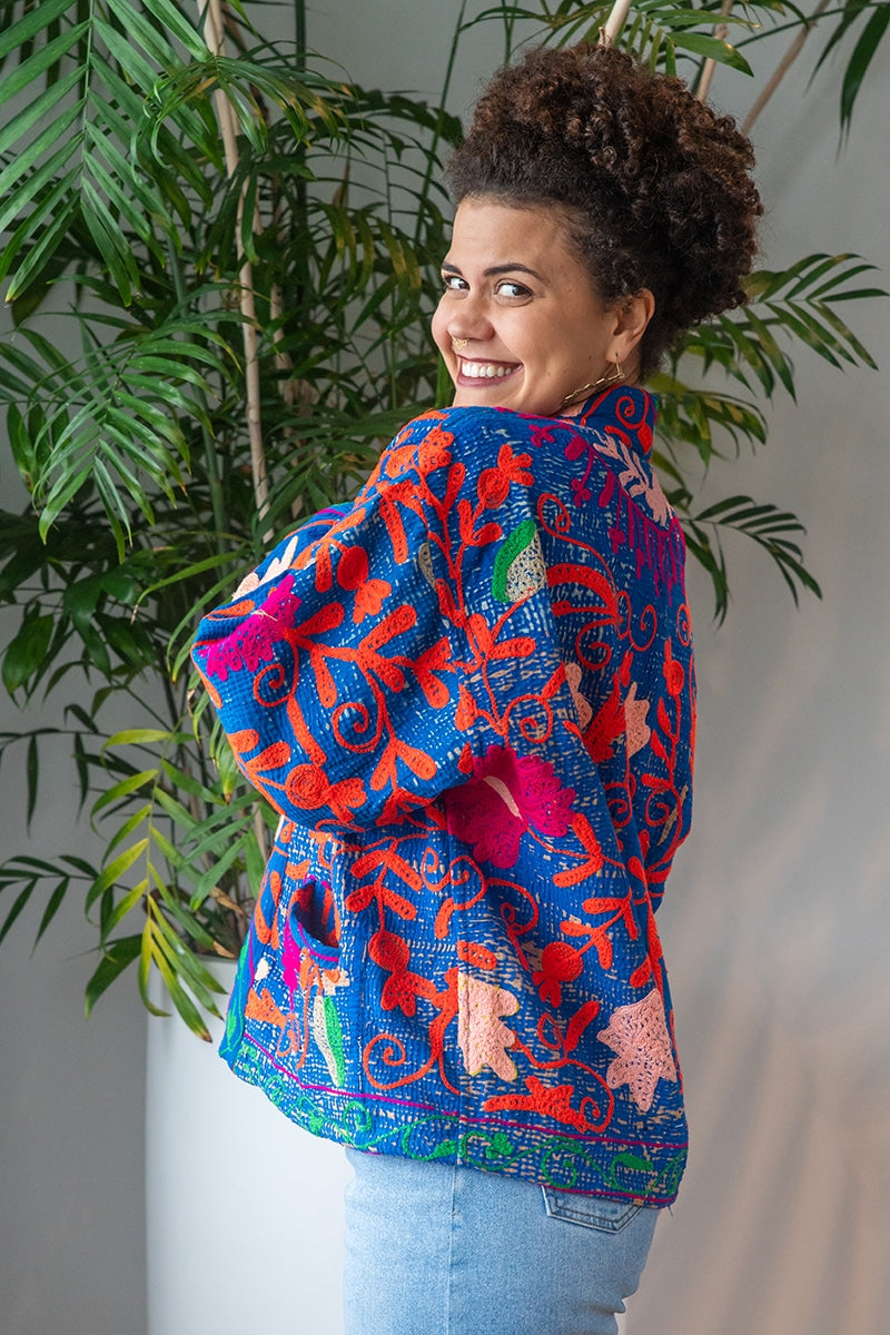 Womens Elysian Kantha Jacket, with traditional Suzani embroidery, handmade from recycled Vintage Kantha’s. Royal blue Liora