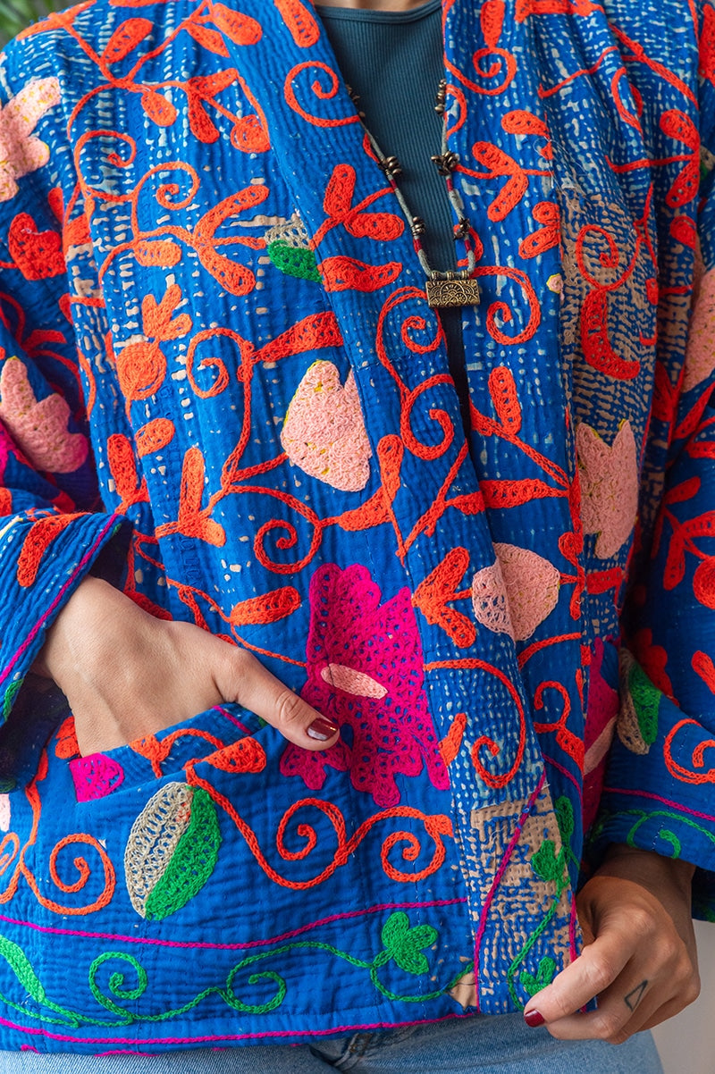 Womens Elysian Kantha Jacket, with traditional Suzani embroidery, handmade from recycled Vintage Kantha’s. Royal blue Liora