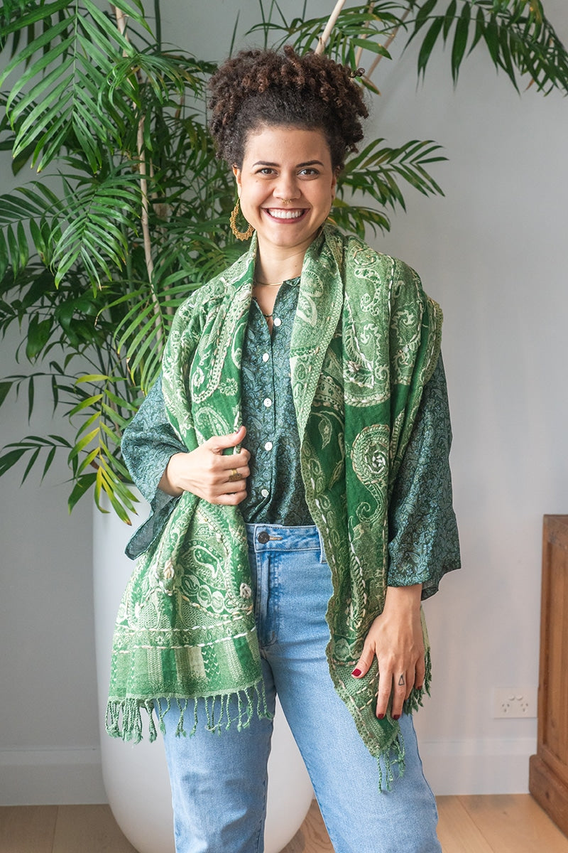 Womens Poet Scarf, boiled wool features hand embroidery. Green Apple