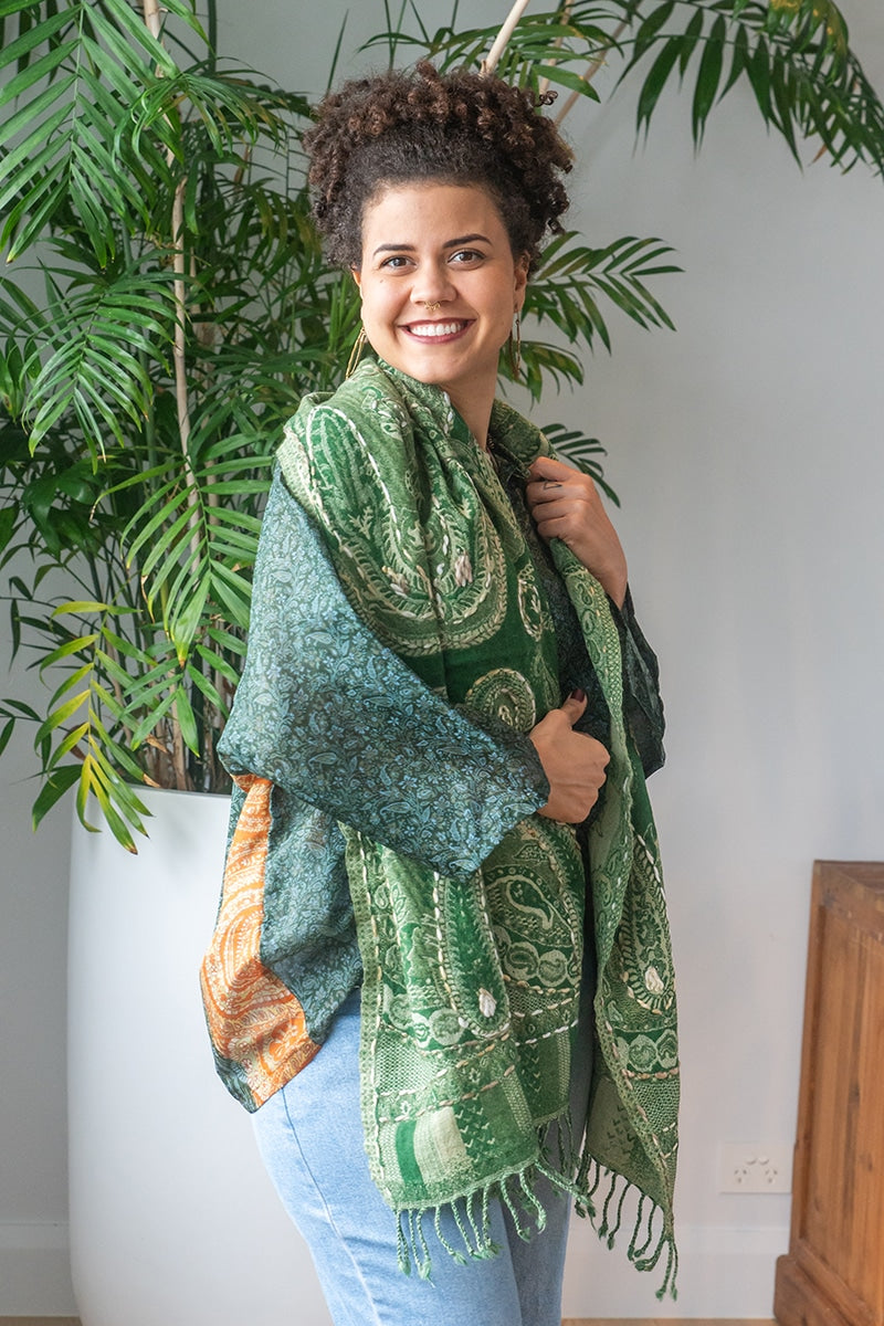 Womens Poet Scarf, boiled wool features hand embroidery. Green Apple