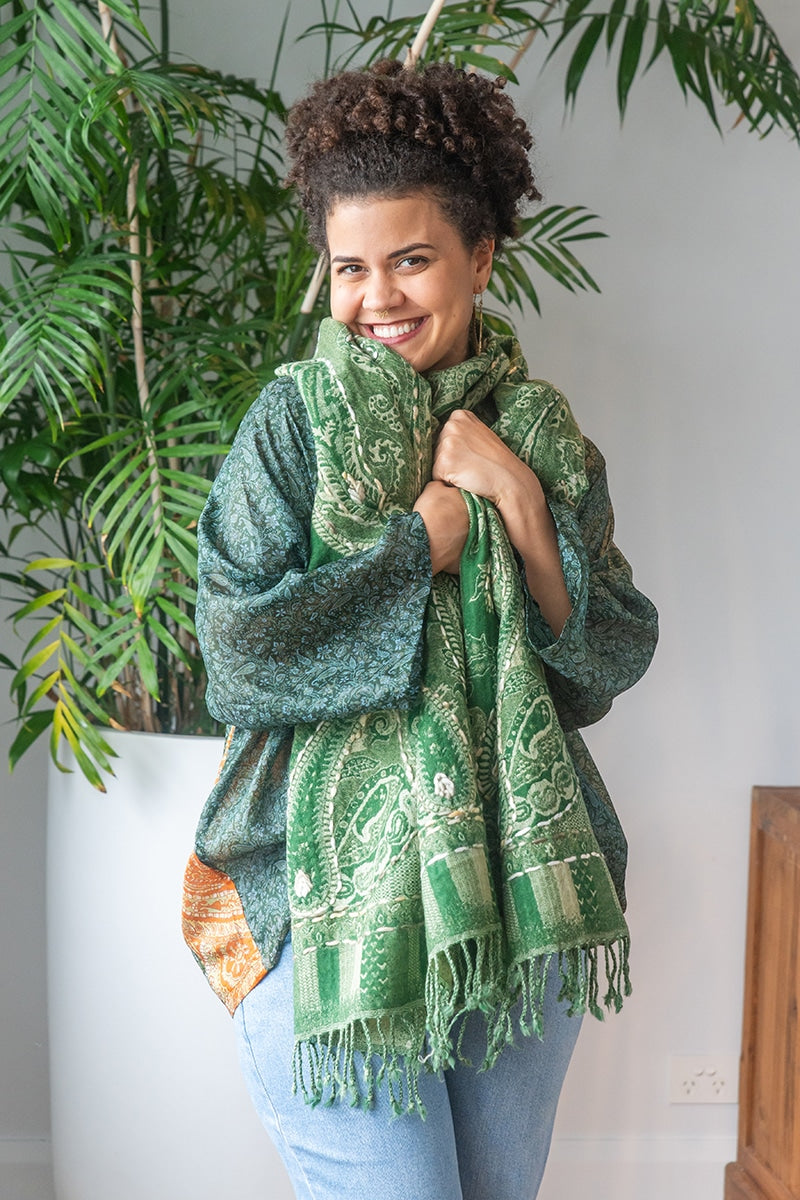 Womens Poet Scarf, boiled wool features hand embroidery. Green Apple
