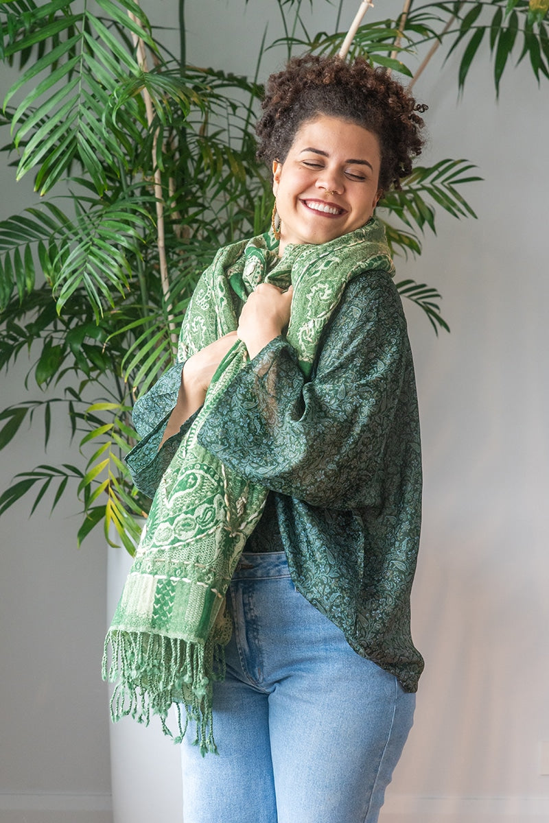 Womens Poet Scarf, boiled wool features hand embroidery. Green Apple