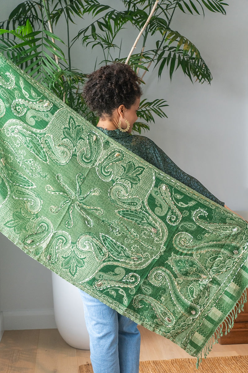 Womens Poet Scarf, boiled wool features hand embroidery. Green Apple