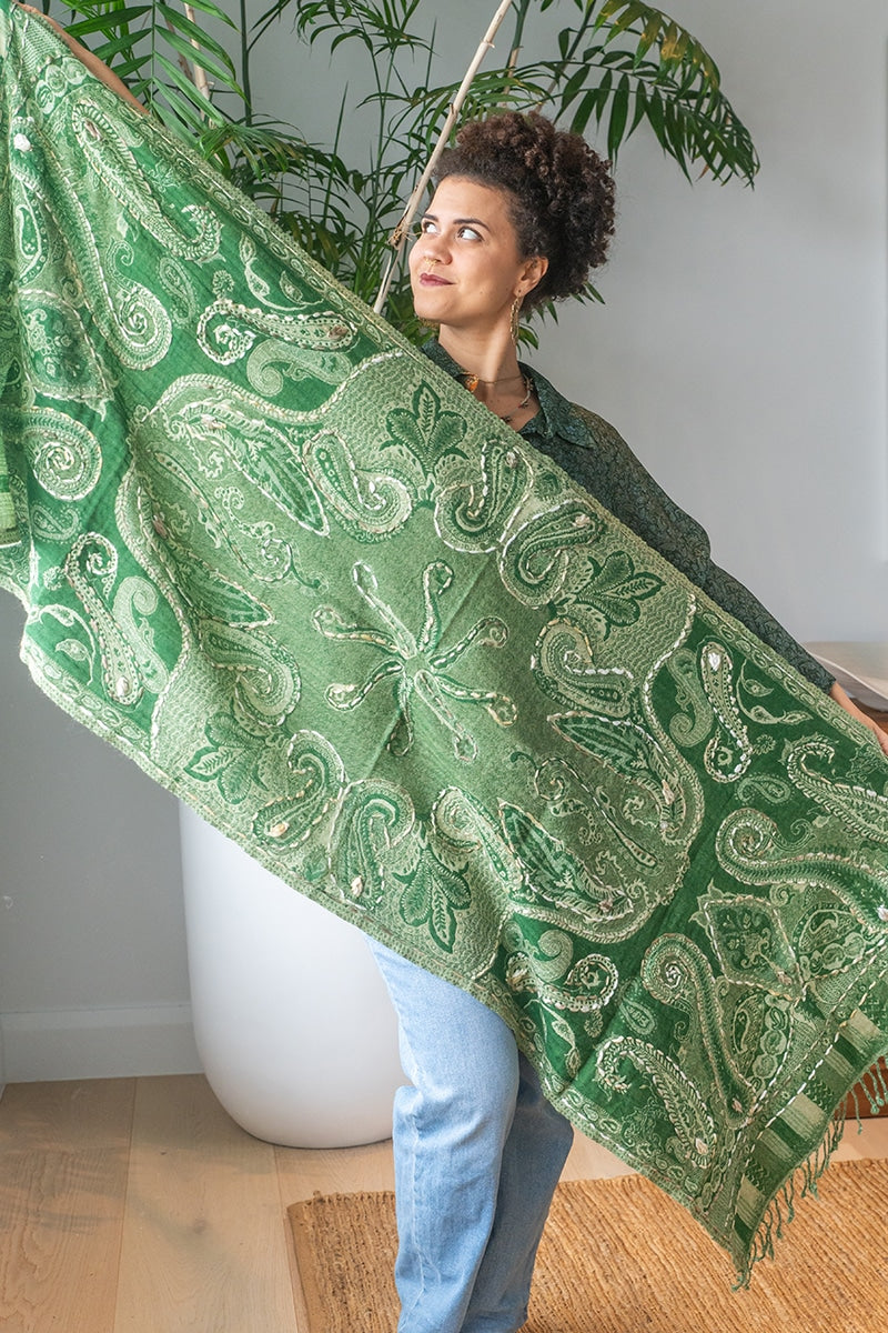 Womens Poet Scarf, boiled wool features hand embroidery. Green Apple