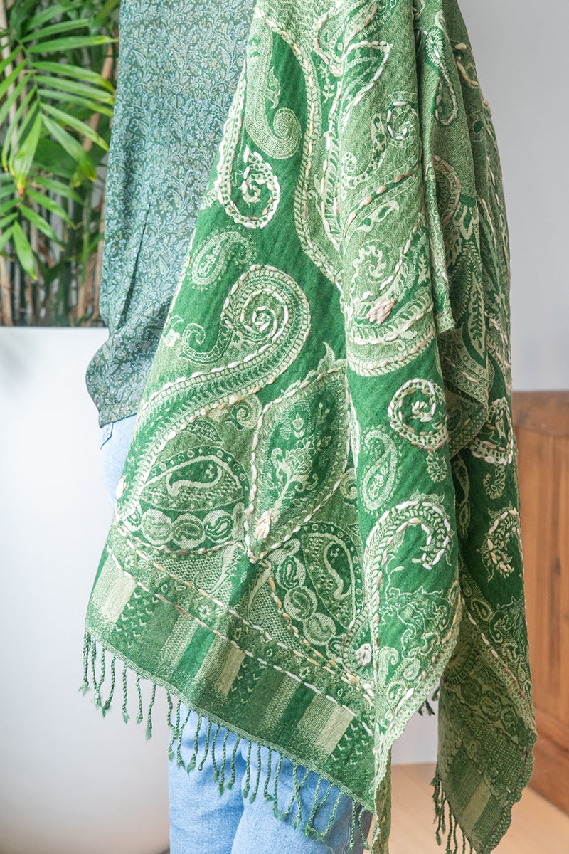 Womens Poet Scarf, boiled wool features hand embroidery. Green Apple