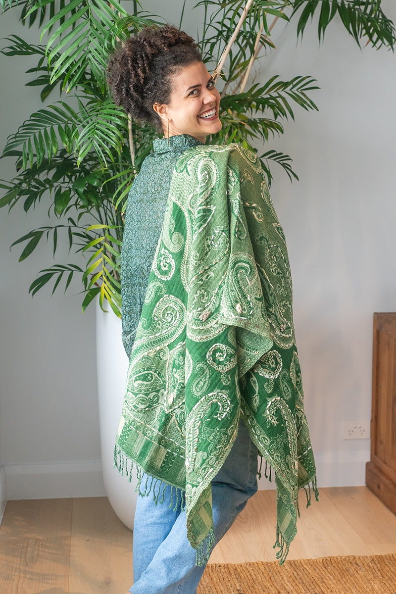 Womens Poet Scarf, boiled wool features hand embroidery. Green Apple