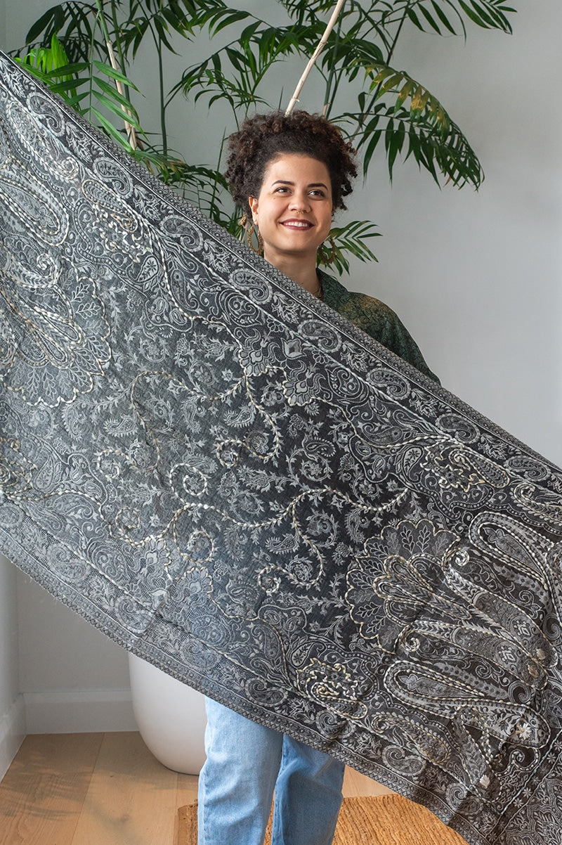 Womens Poet Scarf, boiled wool features hand embroidery. Ash grey