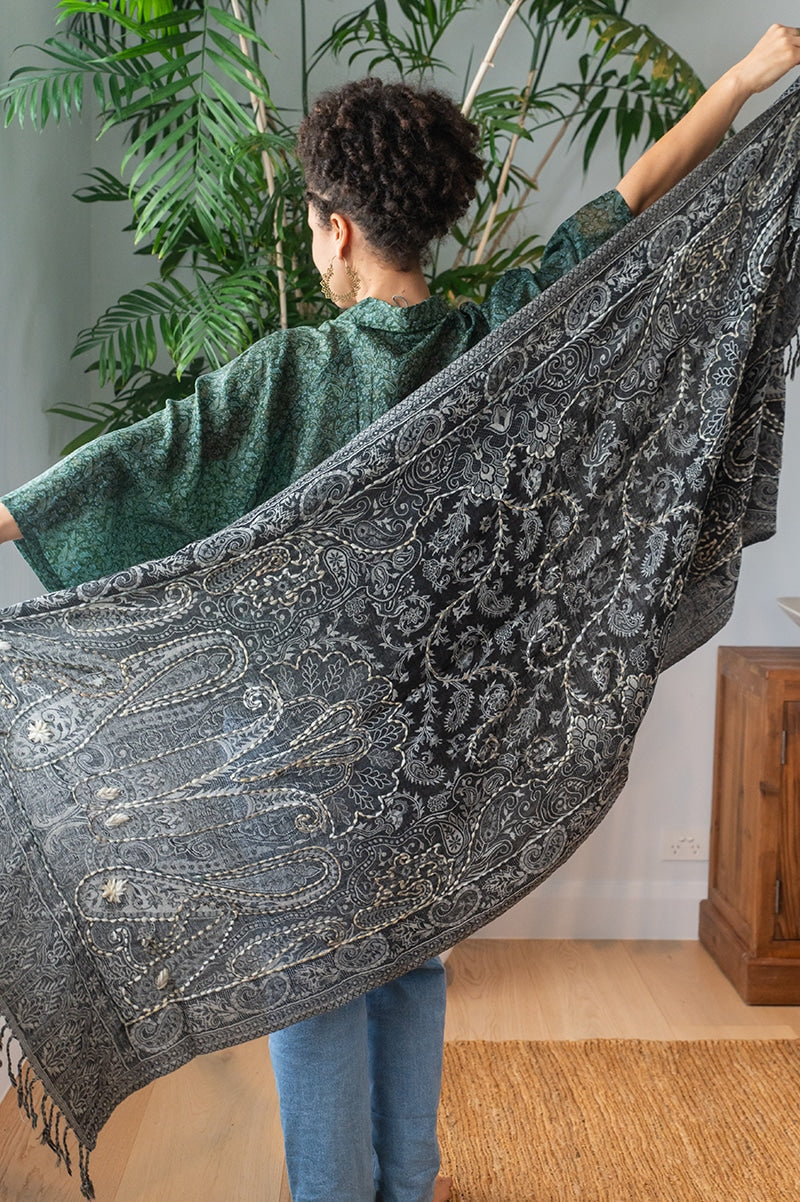 Womens Poet Scarf, boiled wool features hand embroidery. Ash grey