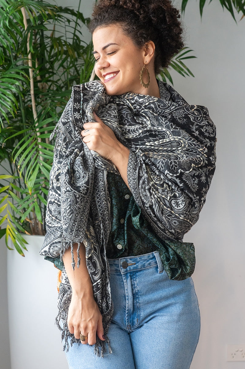 Womens Poet Scarf, boiled wool features hand embroidery. Ash grey