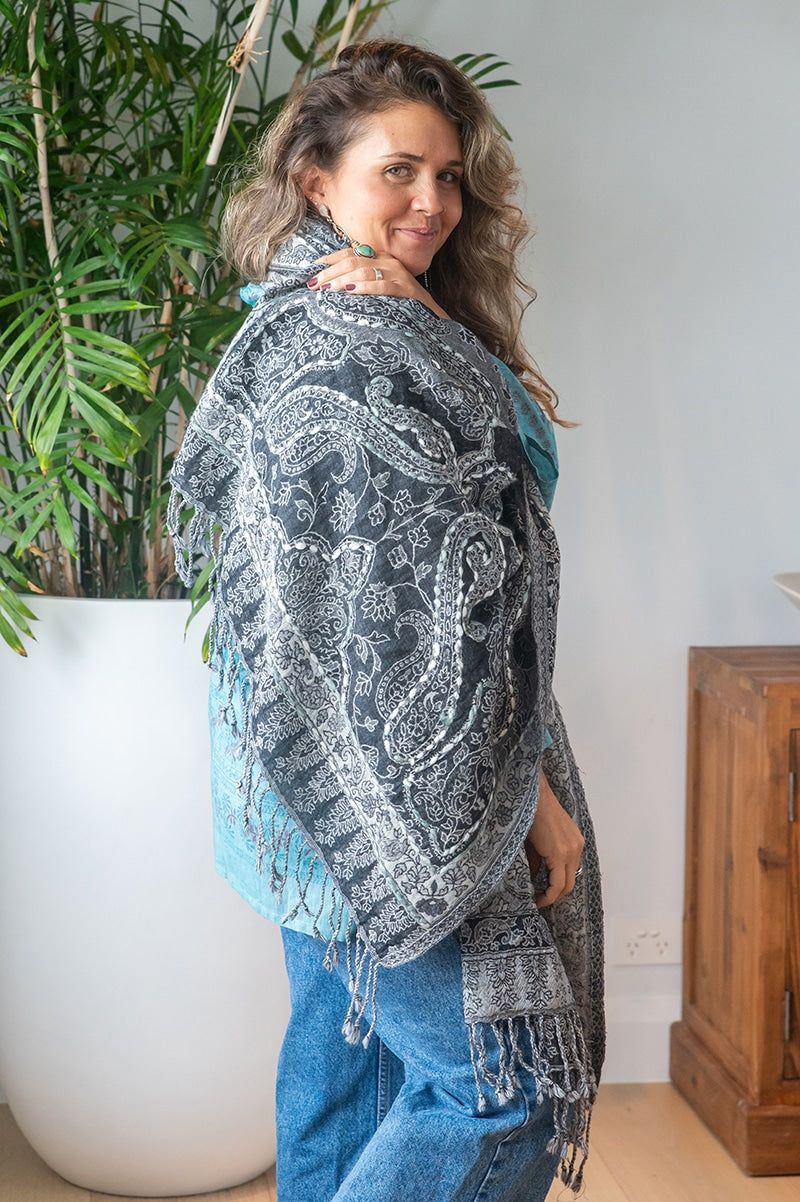 Womens Poet Scarf, boiled wool features hand embroidery. Silver grey