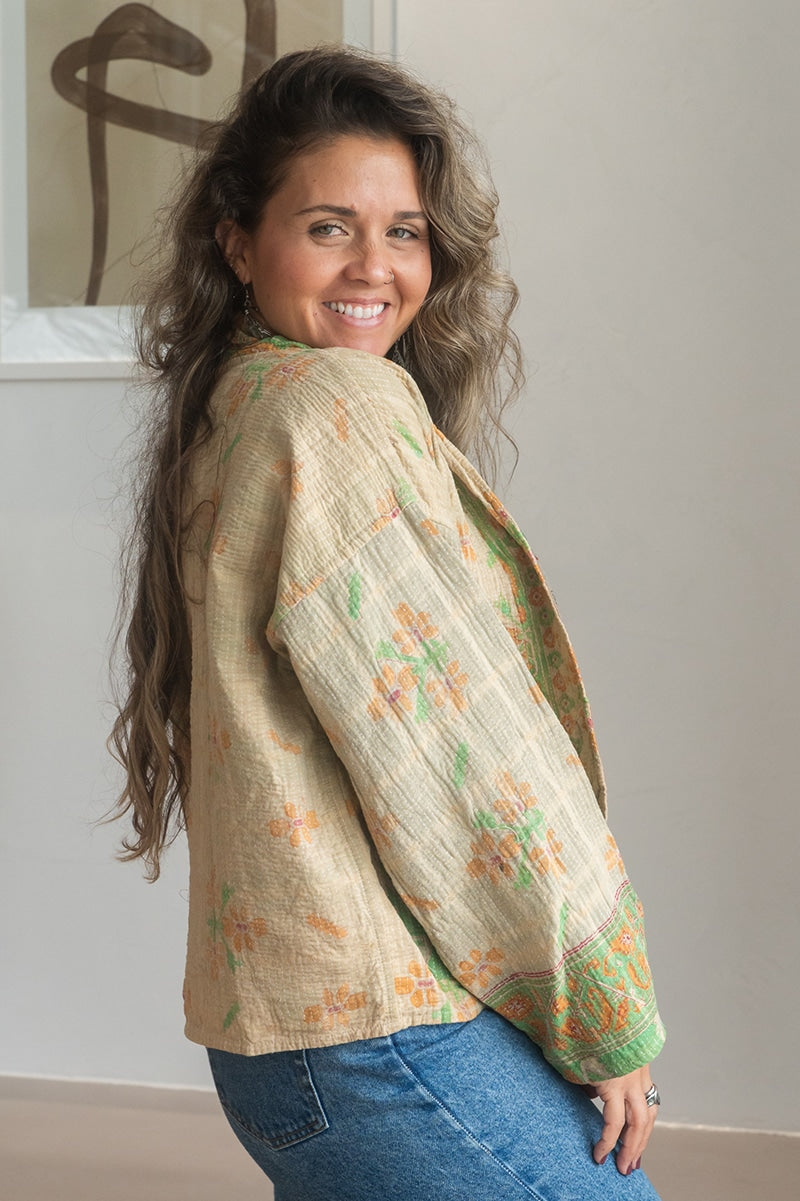 Womens Vintage Nomad Kantha Classic Jacket handmade from 100% cotton recycled fabrics in Neutral Zenda