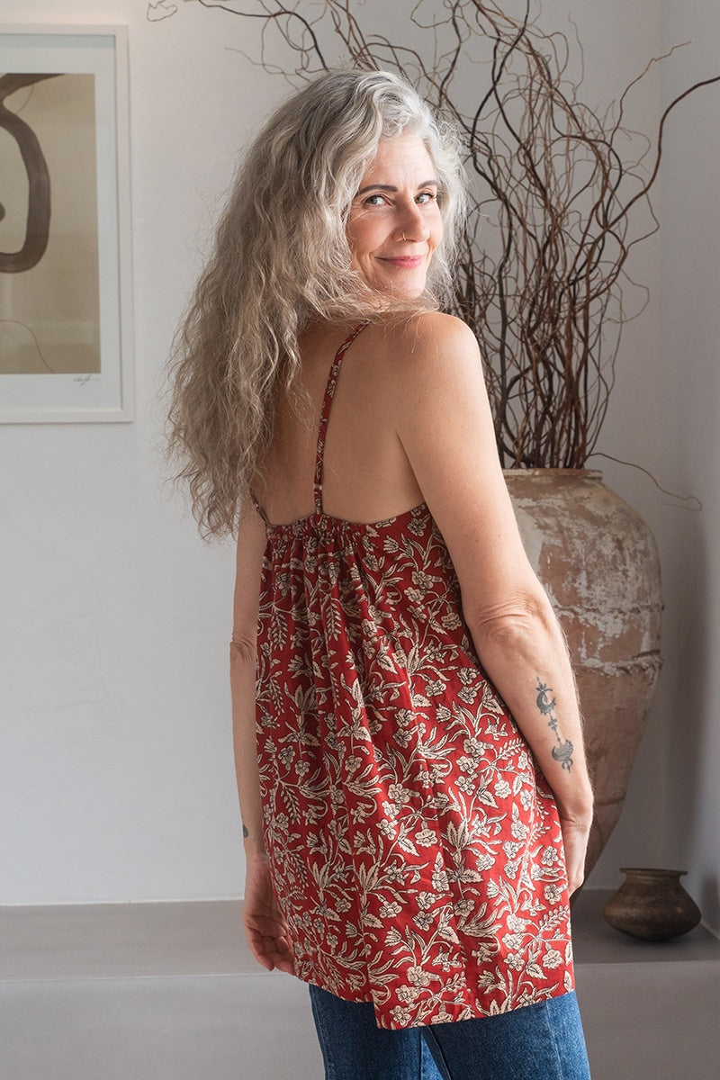 Womens, long Singlet Top, 100% cotton, hand block print, Rustic Red