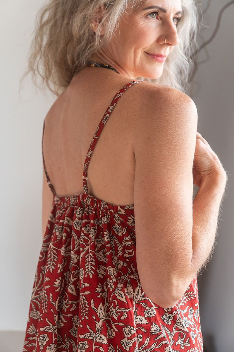 Womens, long Singlet Top, 100% cotton, hand block print, Rustic Red