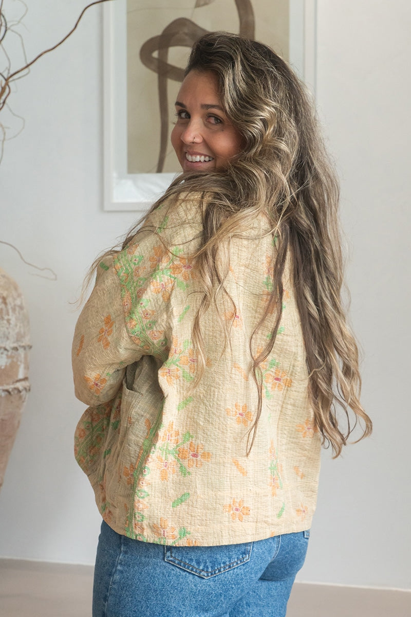 Womens Vintage Nomad Kantha Classic Jacket handmade from 100% cotton recycled fabrics in Neutral Zenda