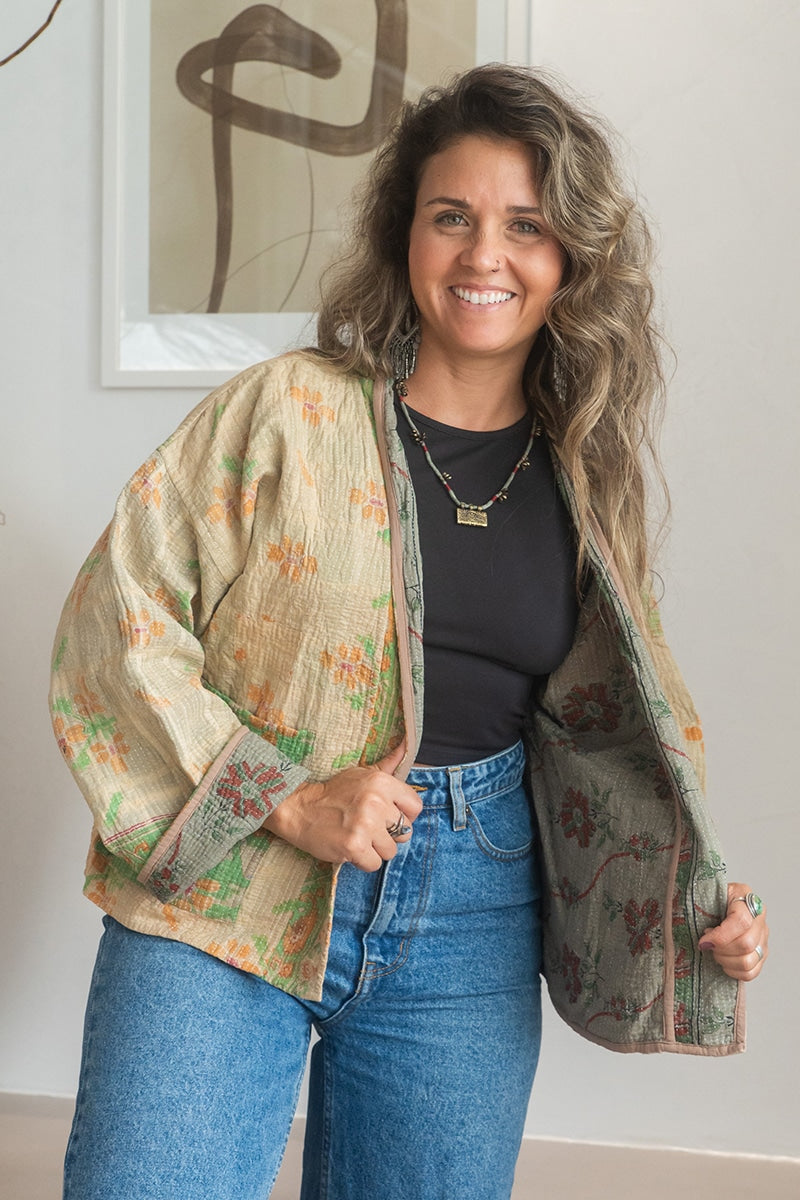 Womens Vintage Nomad Kantha Classic Jacket handmade from 100% cotton recycled fabrics in Neutral Zenda