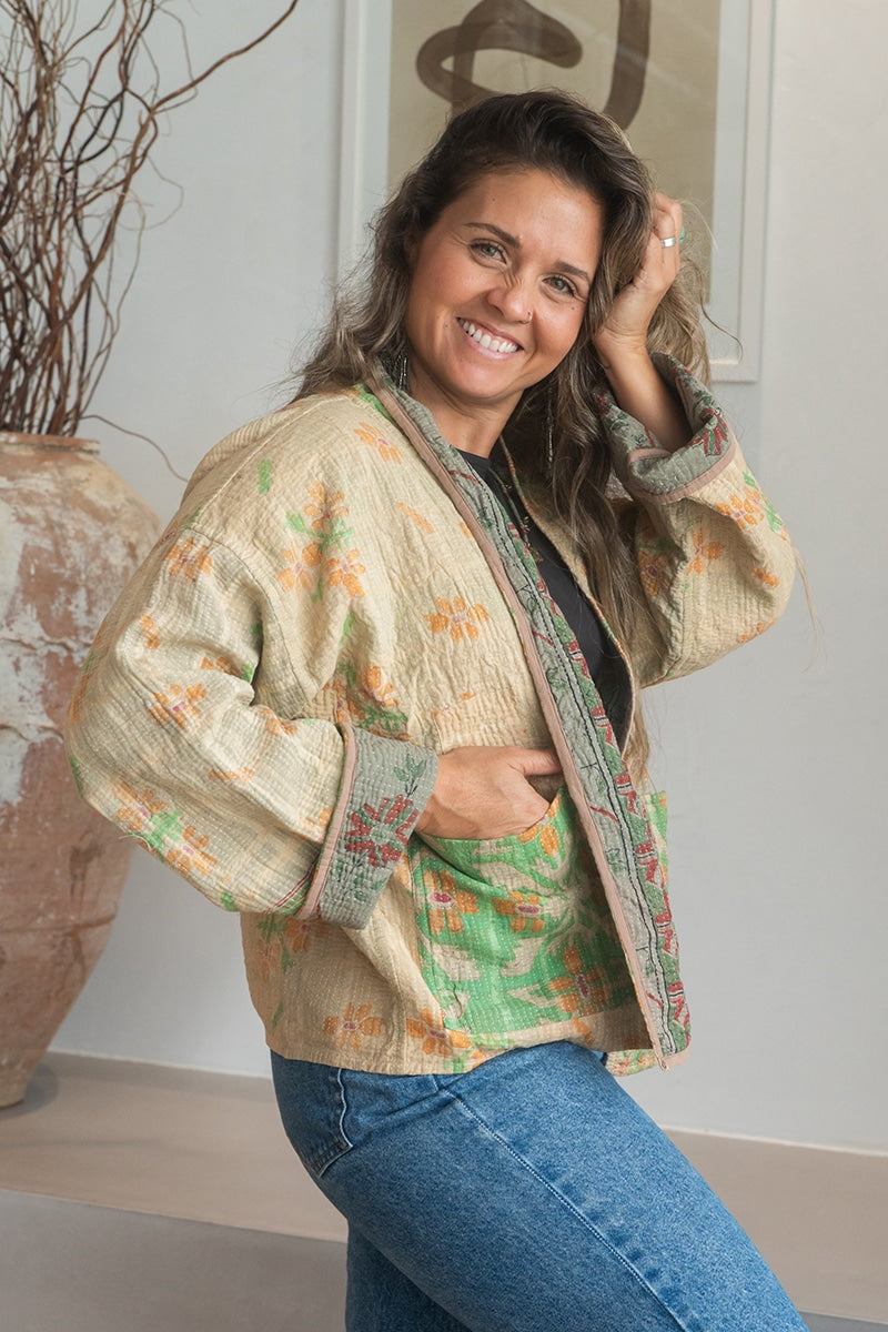 Womens Vintage Nomad Kantha Classic Jacket handmade from 100% cotton recycled fabrics in Neutral Zenda