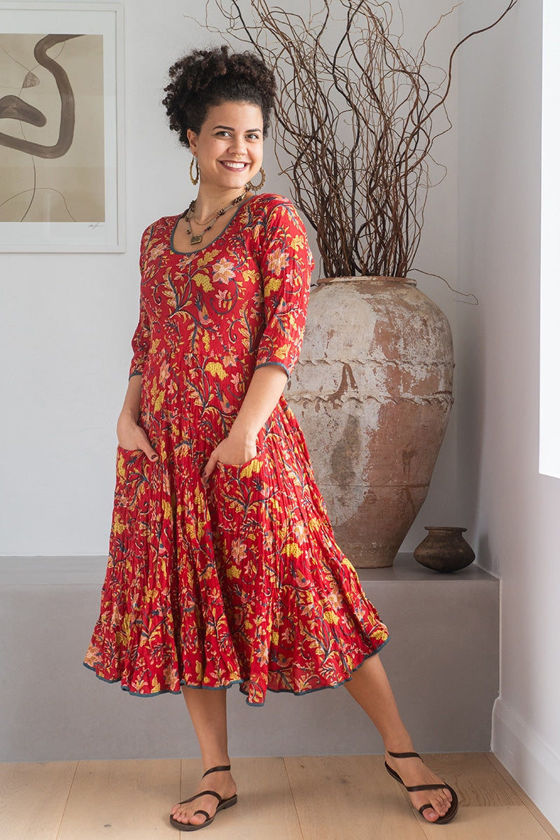 Womens, midi, Flamenco Dress, 100% Cotton, hand block print. Red Jasper