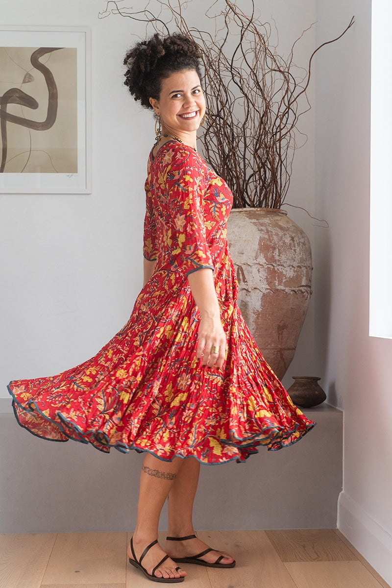 Womens, midi, Flamenco Dress, 100% Cotton, hand block print. Red Jasper