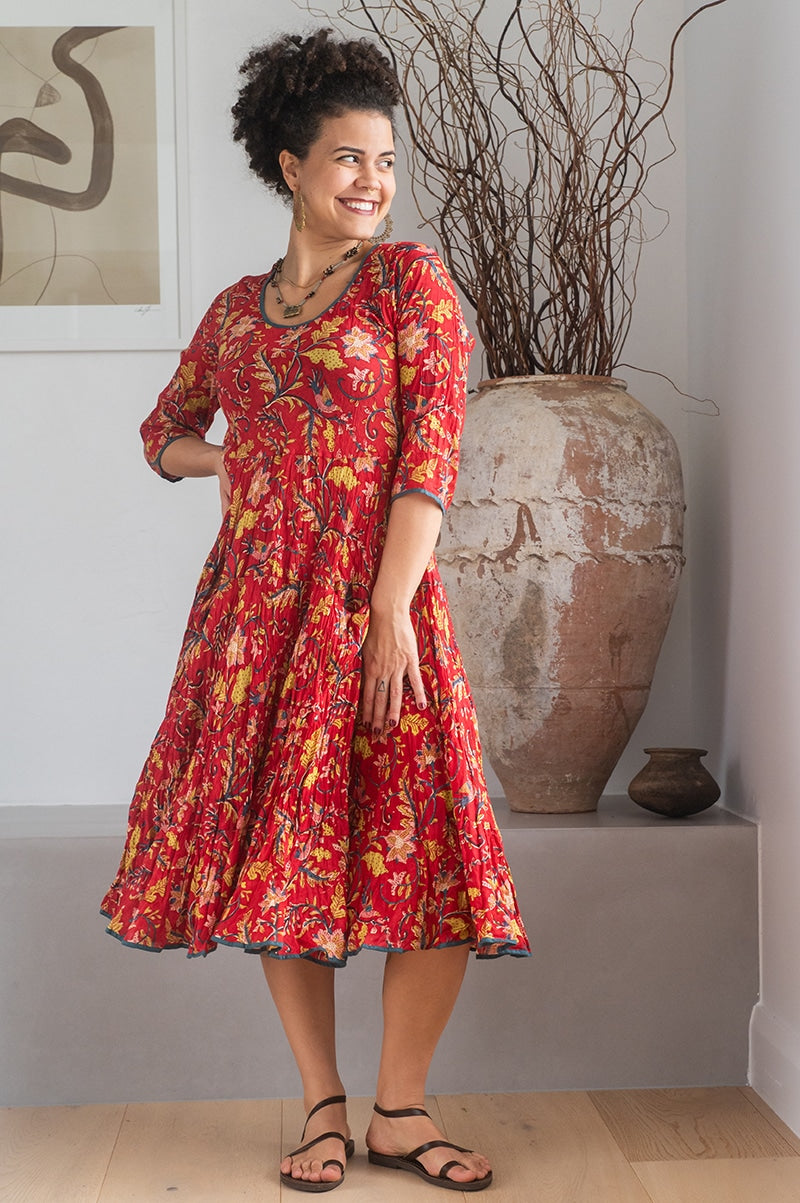 Womens, midi, Flamenco Dress, 100% Cotton, hand block print. Red Jasper