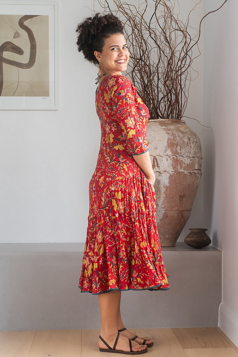 Womens, midi, Flamenco Dress, 100% Cotton, hand block print. Red Jasper