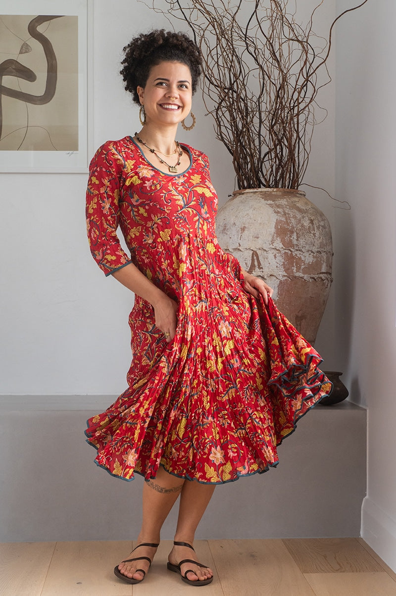 Womens, midi, Flamenco Dress, 100% Cotton, hand block print. Red Jasper