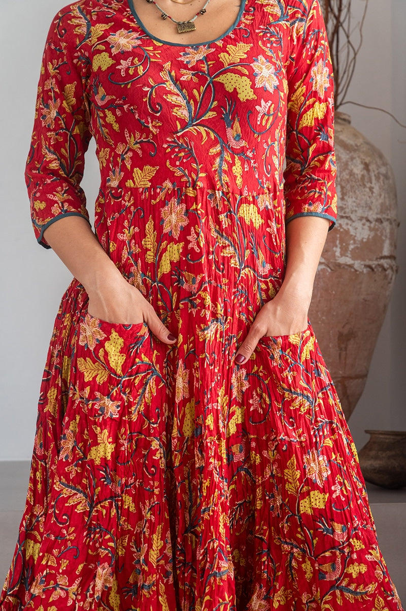 Womens, midi, Flamenco Dress, 100% Cotton, hand block print. Red Jasper