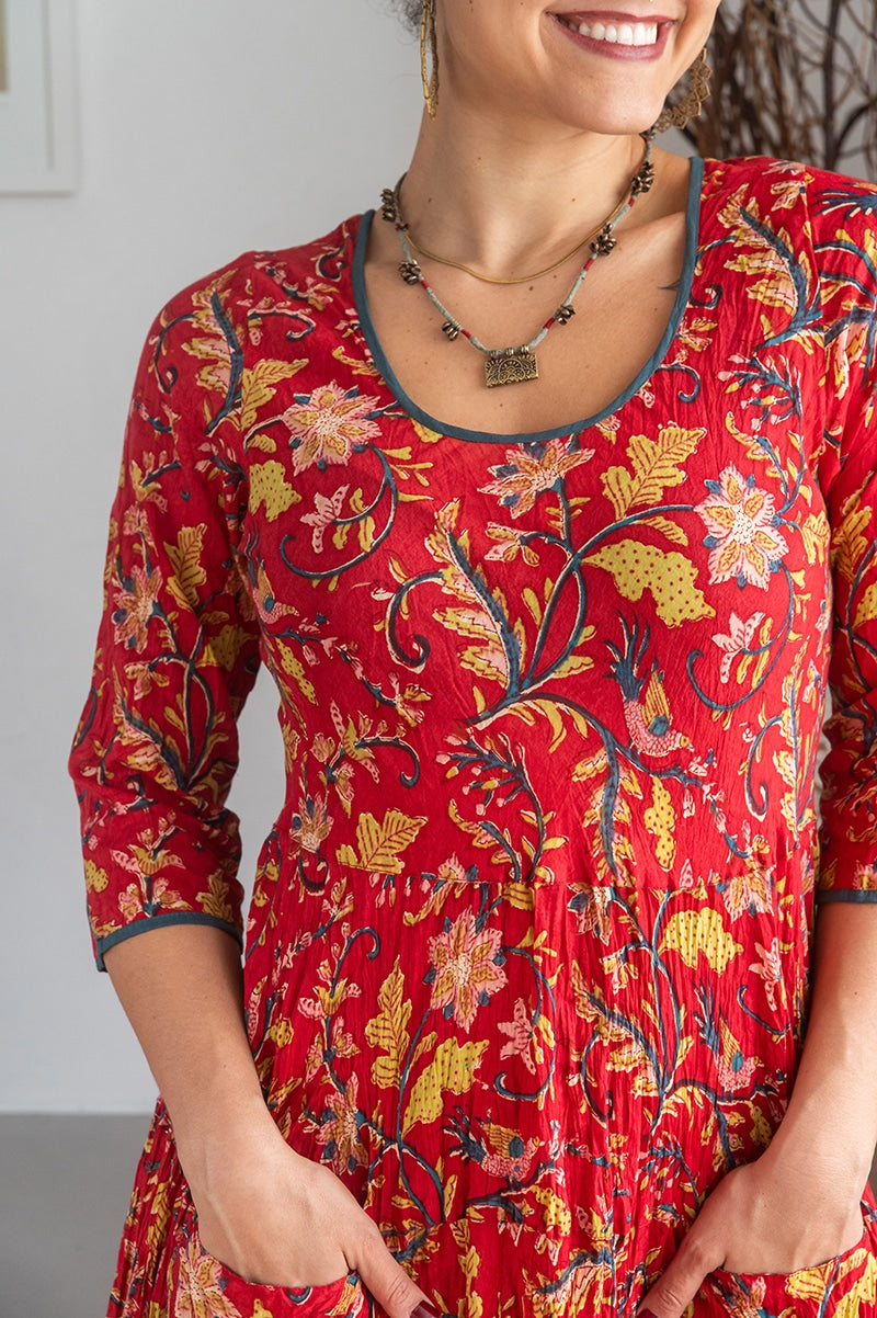 Womens, midi, Flamenco Dress, 100% Cotton, hand block print. Red Jasper