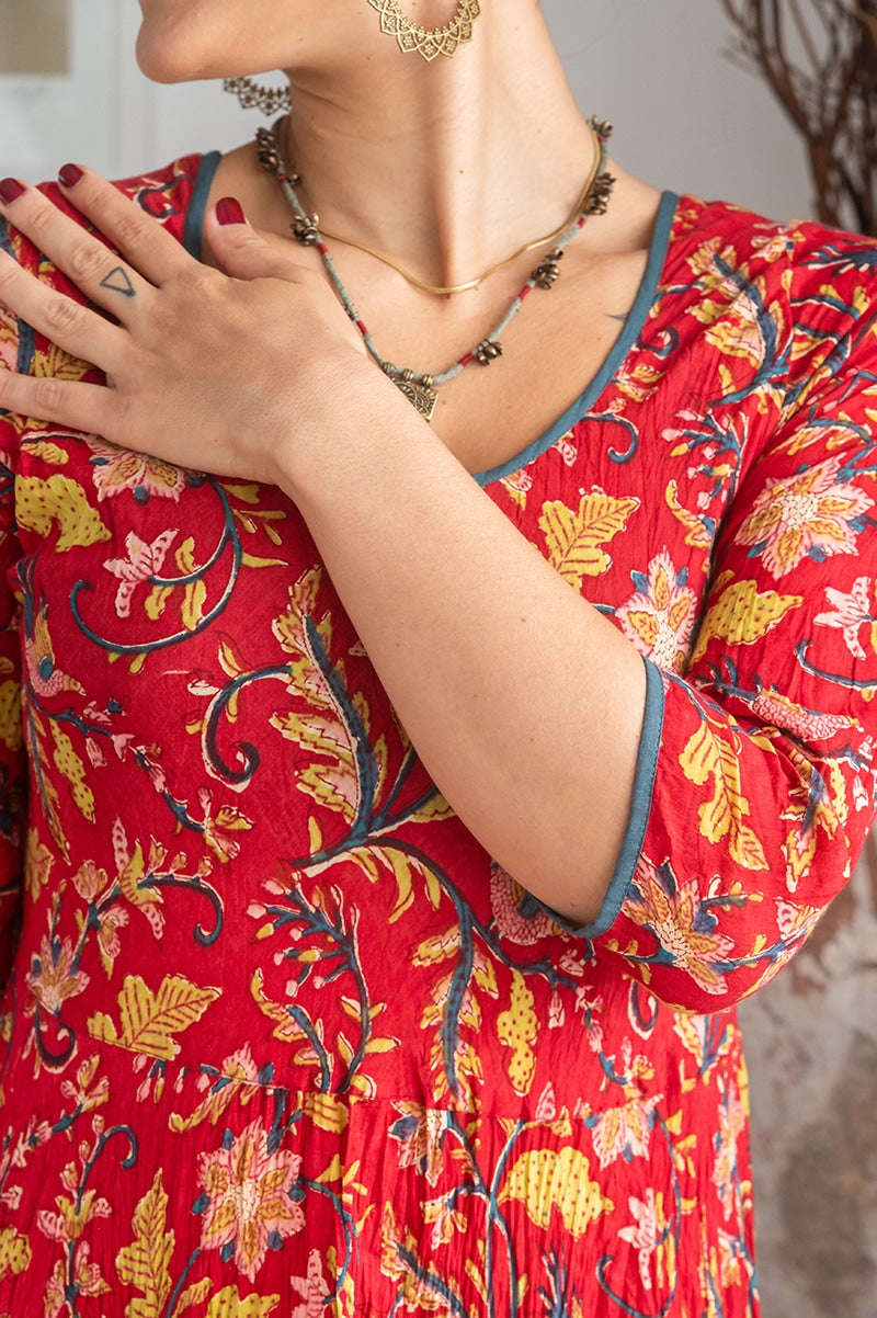Womens, midi, Flamenco Dress, 100% Cotton, hand block print. Red Jasper