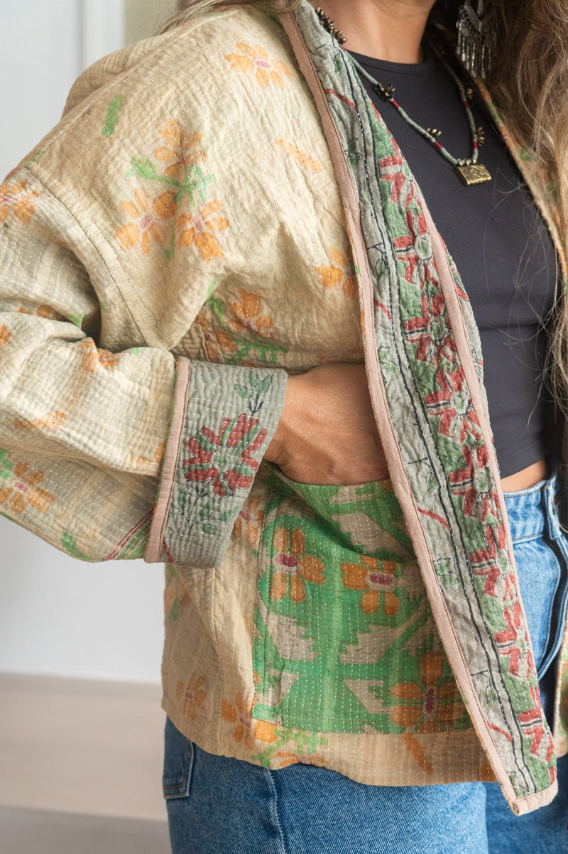 Womens Vintage Nomad Kantha Classic Jacket handmade from 100% cotton recycled fabrics in Neutral Zenda