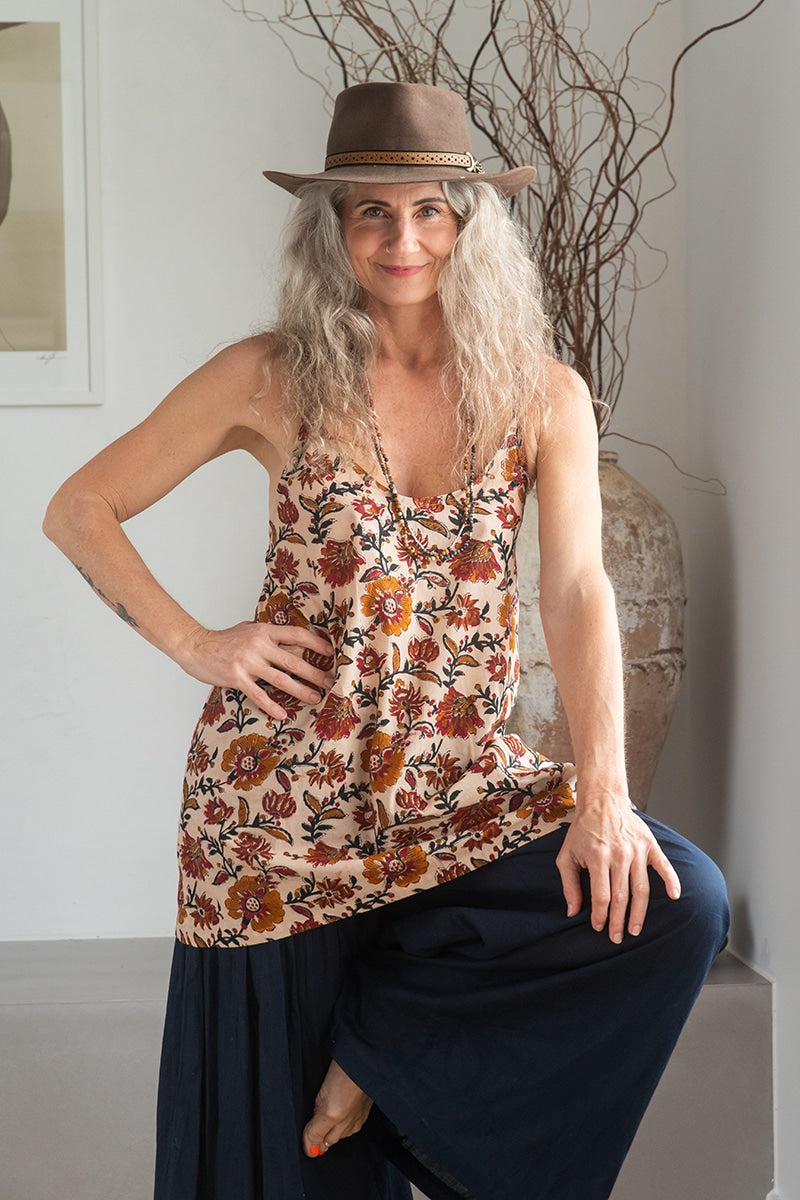 Womens, long Singlet Top, 100% cotton, hand block print, Autumn.