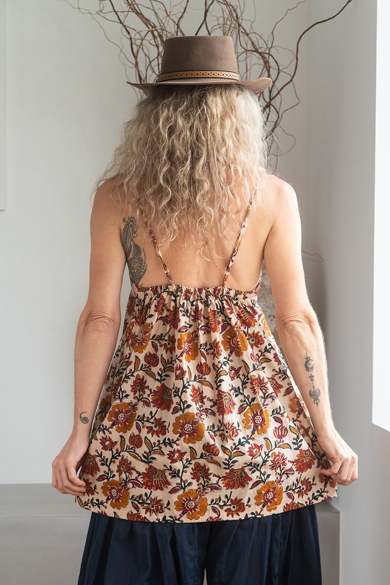 Womens, long Singlet Top, 100% cotton, hand block print, Autumn.