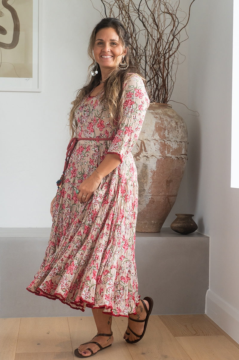 Womens, midi, Flamenco Dress, 100% Cotton, hand block print. Ivory Blush