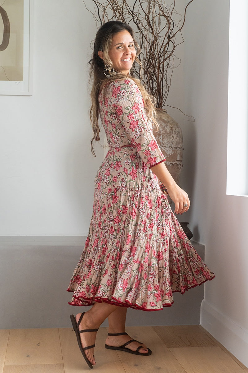 Womens, midi, Flamenco Dress, 100% Cotton, hand block print. Ivory Blush