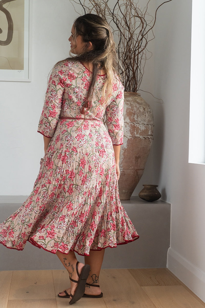 Womens, midi, Flamenco Dress, 100% Cotton, hand block print. Ivory Blush
