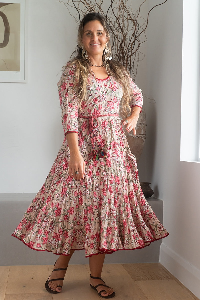 Womens, midi, Flamenco Dress, 100% Cotton, hand block print. Ivory Blush