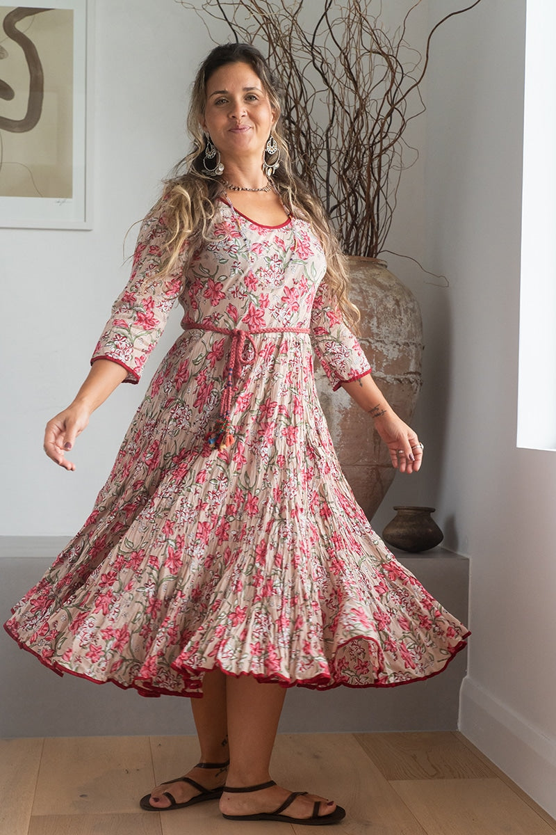 Womens, midi, Flamenco Dress, 100% Cotton, hand block print. Ivory Blush