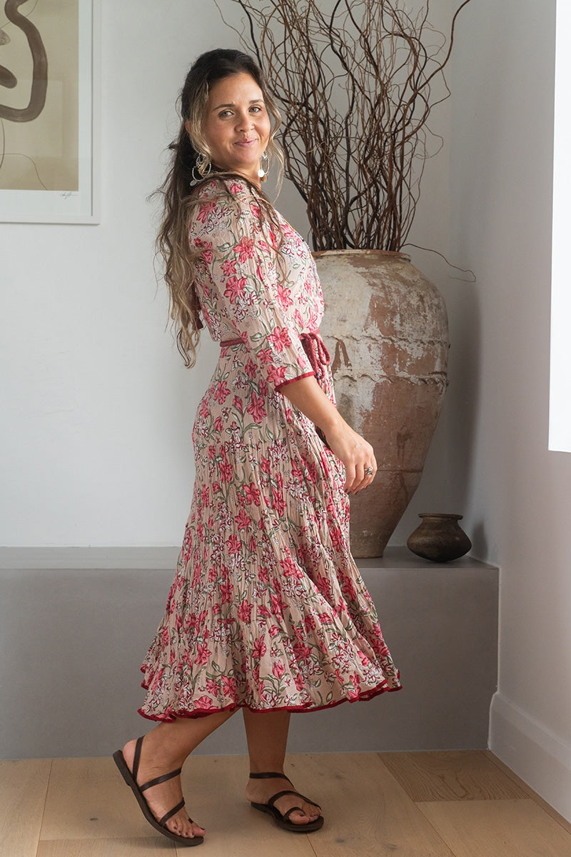 Womens, midi, Flamenco Dress, 100% Cotton, hand block print. Ivory Blush