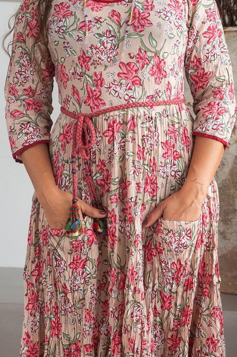 Womens, midi, Flamenco Dress, 100% Cotton, hand block print. Ivory Blush