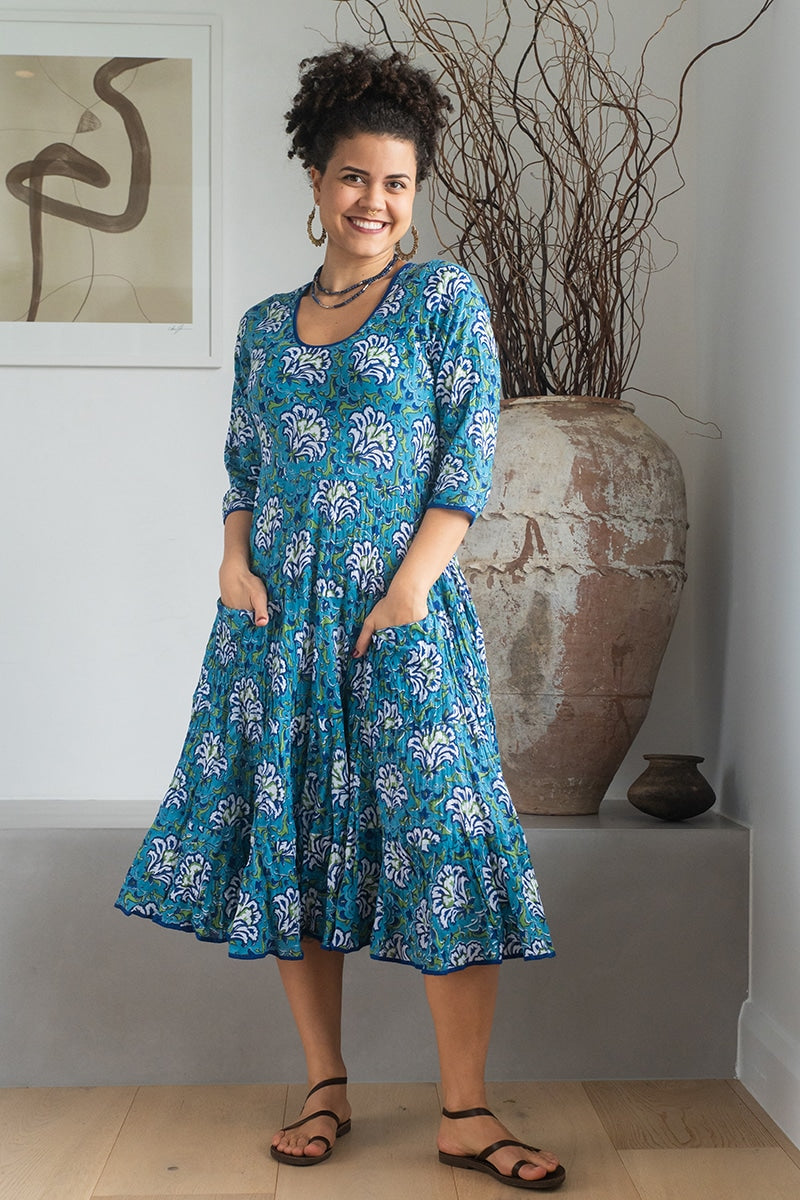 Womens, midi, Flamenco Dress, 100% Cotton, hand block print. Blue Lagoon