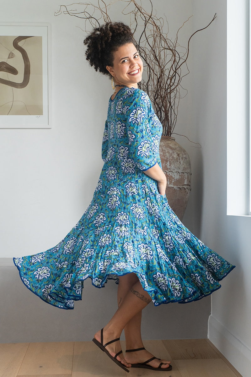 Womens, midi, Flamenco Dress, 100% Cotton, hand block print. Blue Lagoon