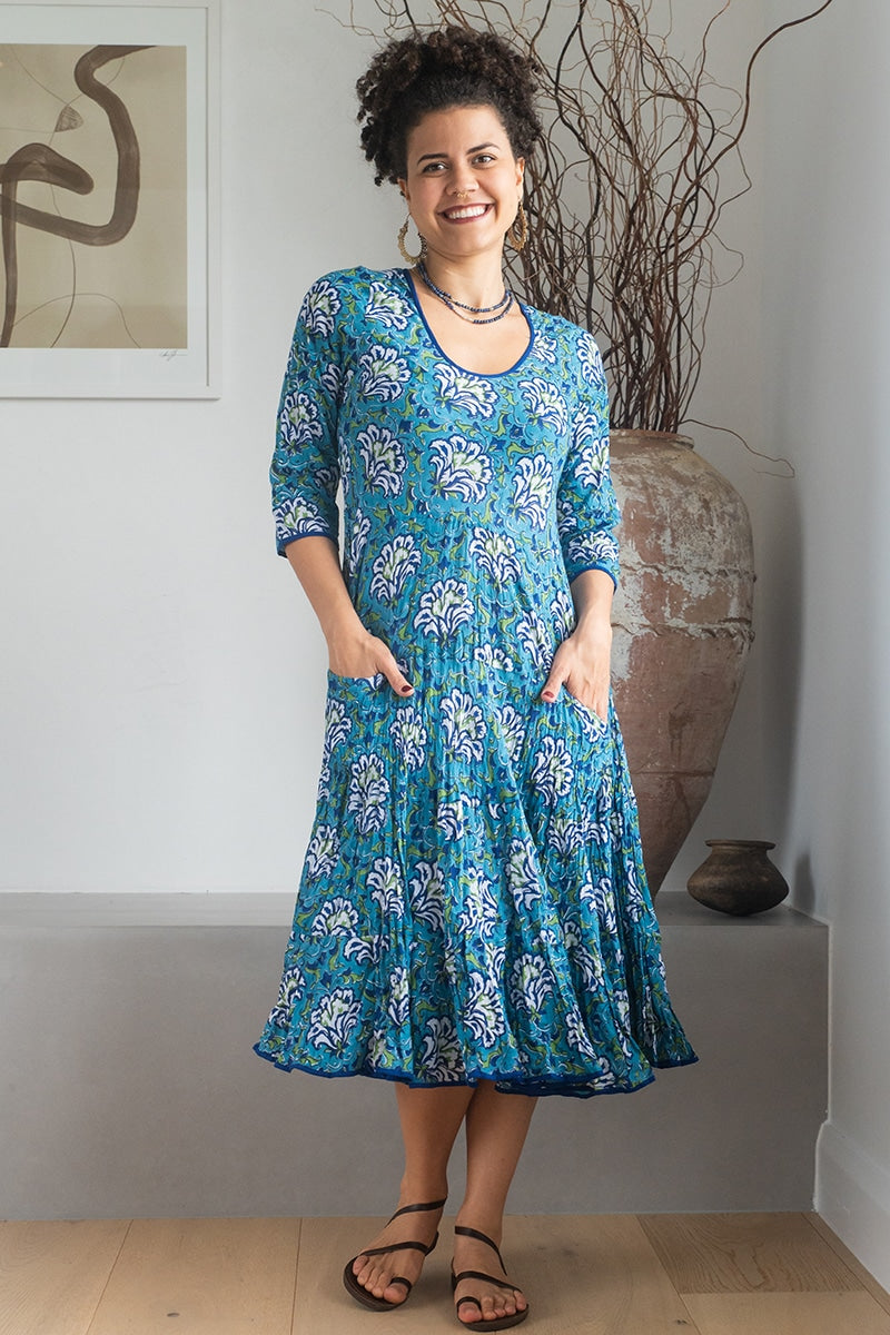 Womens, midi, Flamenco Dress, 100% Cotton, hand block print. Blue Lagoon