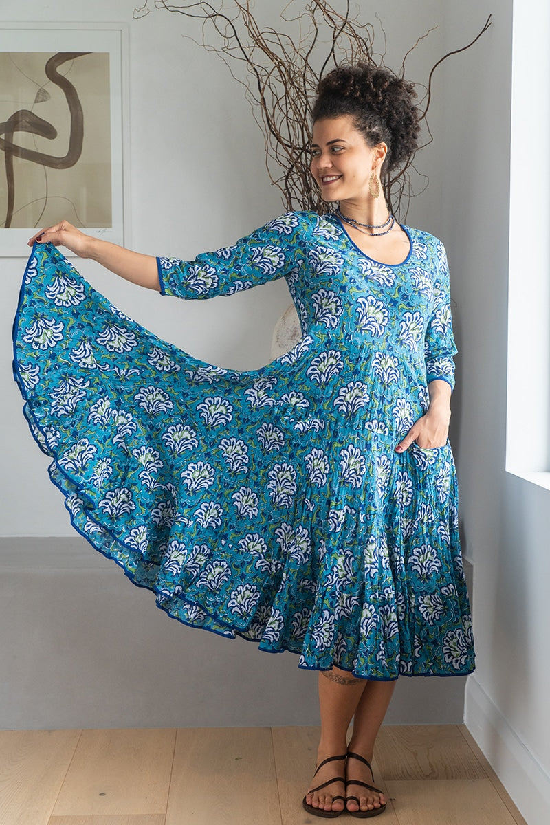 Womens, midi, Flamenco Dress, 100% Cotton, hand block print. Blue Lagoon