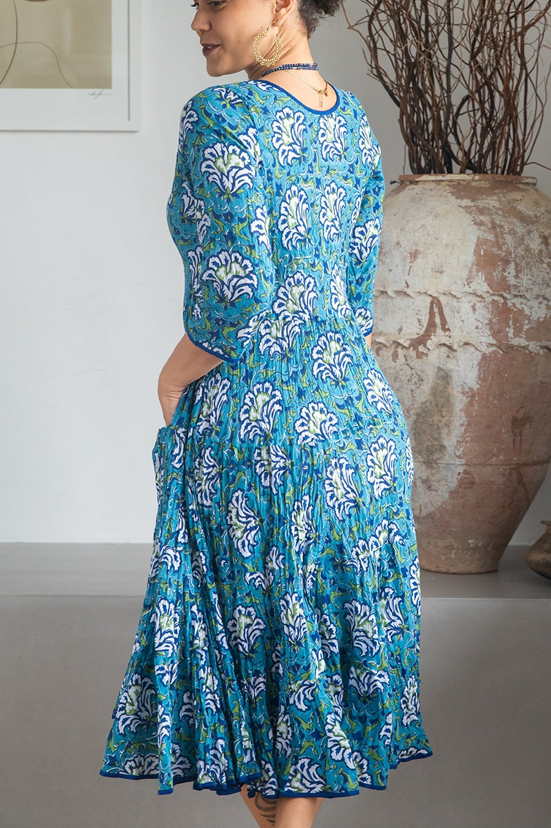Womens, midi, Flamenco Dress, 100% Cotton, hand block print. Blue Lagoon