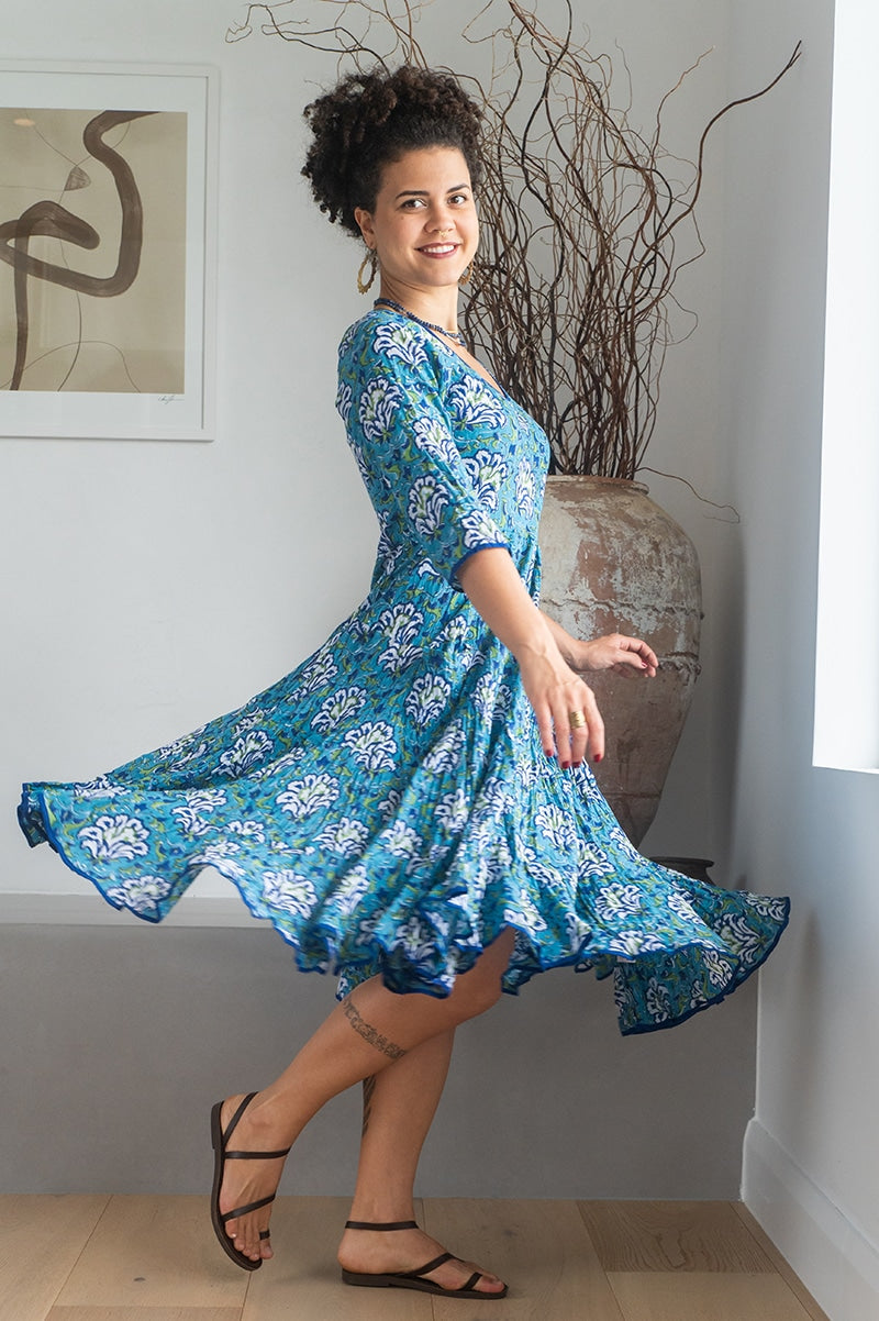 Womens, midi, Flamenco Dress, 100% Cotton, hand block print. Blue Lagoon